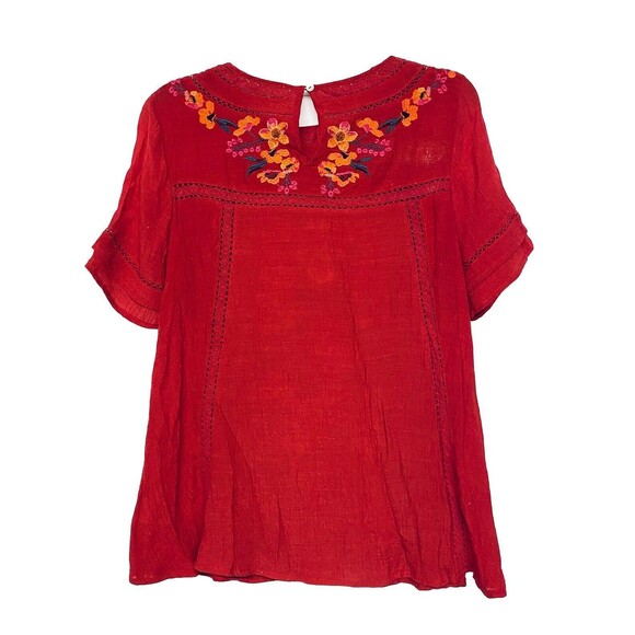 Umgee Womens Top size Small Red Floral Embroidered Boho Crepe Style Top - Picture 6 of 8